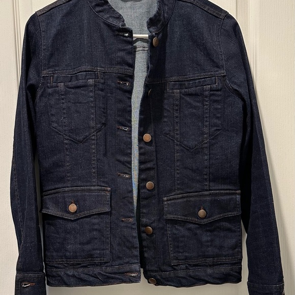 Eileen Fisher Banded Collar Denim Jacket Brass Buttons Pockets at Chest & Hips - Picture 3 of 8